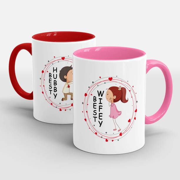 PARTHMUGS HUbby & Wifey 3 Tone Printed Ceramic Coffee Mug