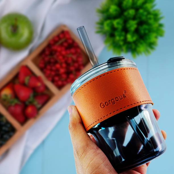 Gifteuo Leather Grip Glass Tumbler with Straw & Lid | Cup for Coffee, Tea, Milk, Juice Glass Coffee Mug