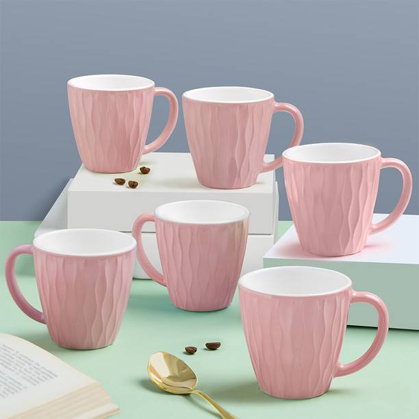 Larah by Borosil 6pc 200ml Tea/Coffee Curl Pastel Pink Set, Microwave & Dishwasher Safe Opalware Coffee Mug