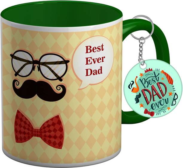 TrendoPrint FD13 Father's Day Gift Hampers Dark Green Cup with Keychain Gift for Dad Ceramic Coffee Mug