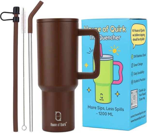 HOUSE OF QUIRK 1200ML Stainless Steel Tumbler with Handle & Lid, 2 Straws -Chocolate Stainless Steel Tumbler