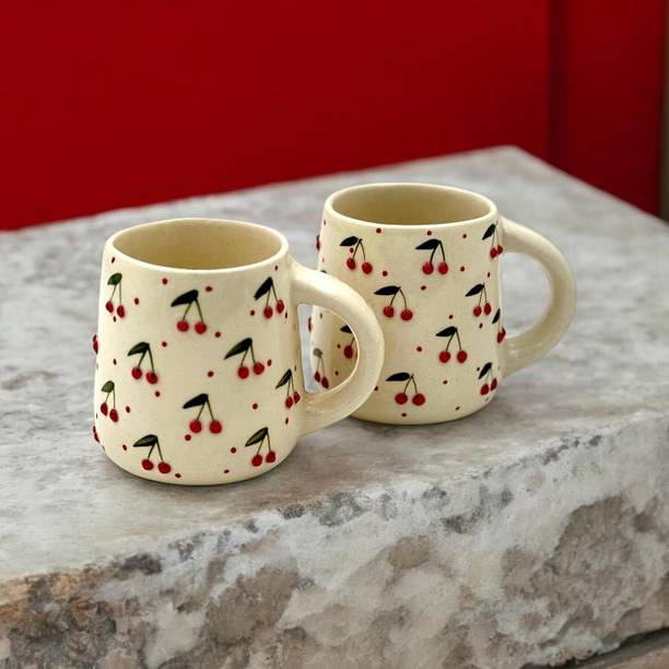 BACKKSPACE RETAIL Sweet Cherry Coffee - Pack of 2 | Handcrafted Ceramic with Embossed | 320ml Ceramic Coffee Mug