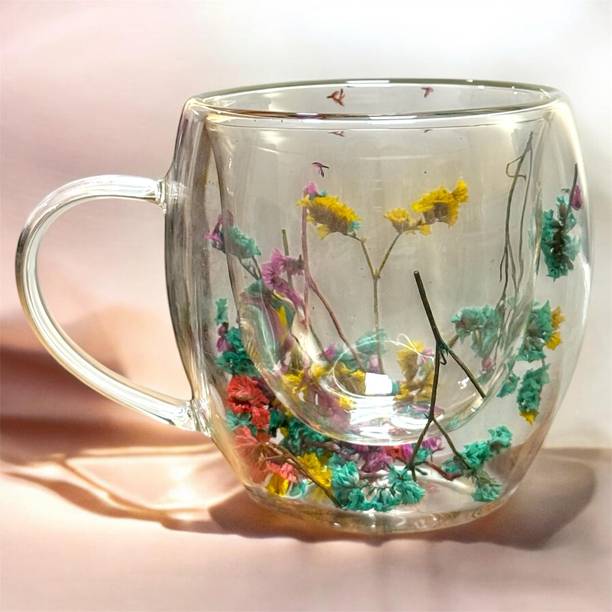 Deedecorwave Dried Flowers Double Wall Clear Glass Coffees Glass Coffee Mug