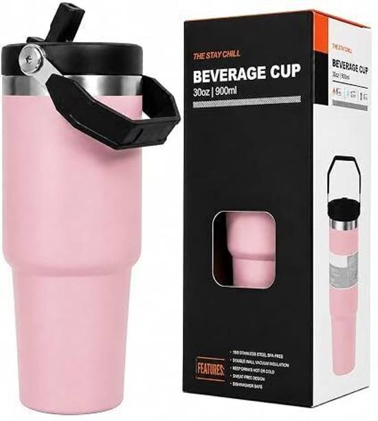 Perry's Pink- 900 Ml Handle with Thumbler Stainless Steel, Plastic Tumbler