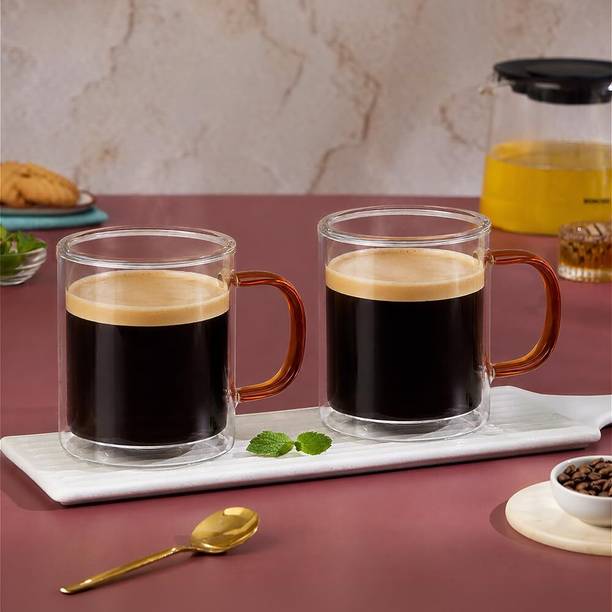 BOROSIL Kaafi Amber 370ml Borosilicate Double Wall Glass Coffee Set of 2 Glass Coffee Mug