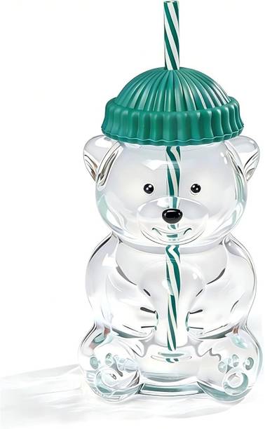 Jasani Creation Cute Teddy Bear Glass Tumbler with Lid and Straw for Home Glass Beer Mug