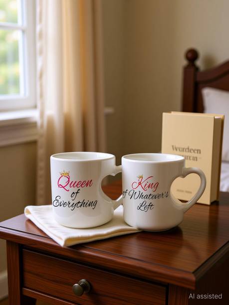 V Kraft "king of whatever's left and queen of everything " couple matching mug set of 2 unique heart shape inner cut coffee mug\tea cup for birthday anniversary rakhi and any other special day love quote printed Ceramic love | Perfect Gift to Anyone On Any Occasion | Coffee\milk mug & Tea Cup | Pack of 2 Ceramic Coffee Mug
