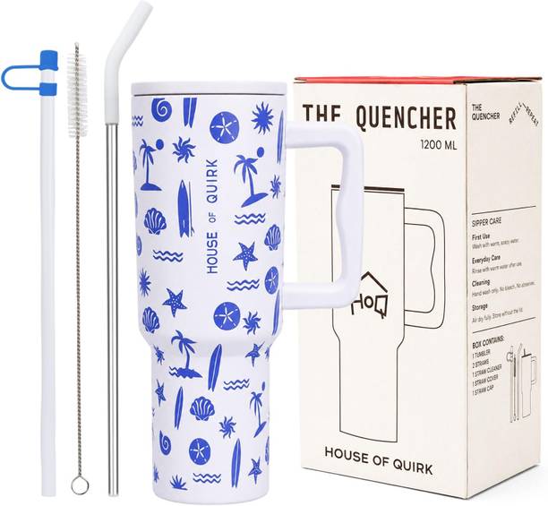 HOUSE OF QUIRK 1200ML Stainless Steel Tumbler Hot and Cold with Handle and Lid 2 Straw Stainless Steel Tumbler