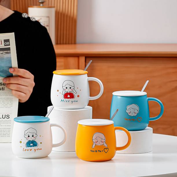 Spooky Ceramic with Handle | Home Breakfast & Office Coffee Cup with Lid & Spoon Ceramic Coffee Mug