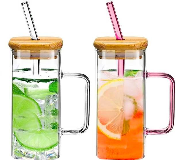 SWAKS Square Glasss with Colored Handle WOODEN Lids and Glass Straws 400ml Glass Coffee Mug