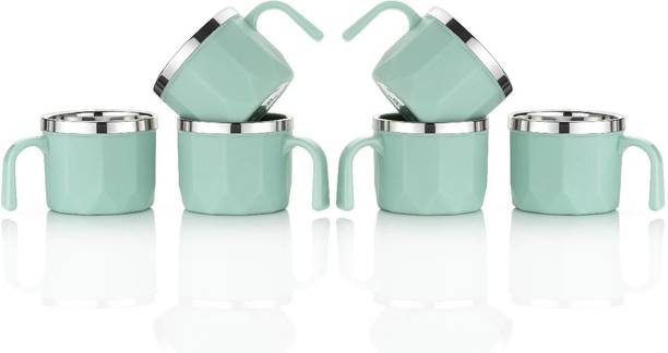 MAGICSPOON Stainless Steel, Plastic Tea Cup Set, Coffee Cup (Aqua Green,100ml,Pack of 6) Stainless Steel Coffee Mug