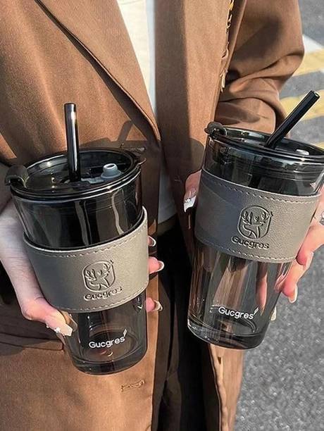 Wallsenterprise 2 Reusable Glass Travel Sipper Tumbler with Straw & Lid Tea Glass Coffee Glass Coffee Mug