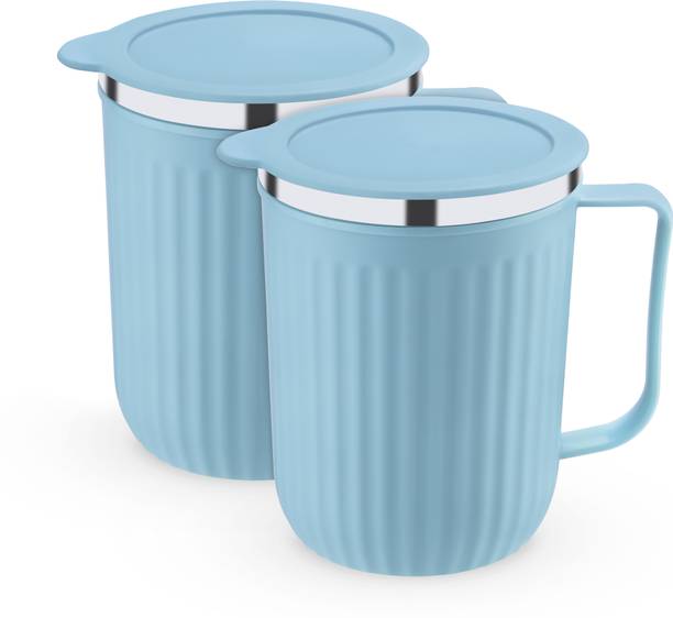 Trueware Frost Unbreakable Tea Coffee Double Wall Insulated with Handle and Lid Stainless Steel, Plastic Coffee Mug