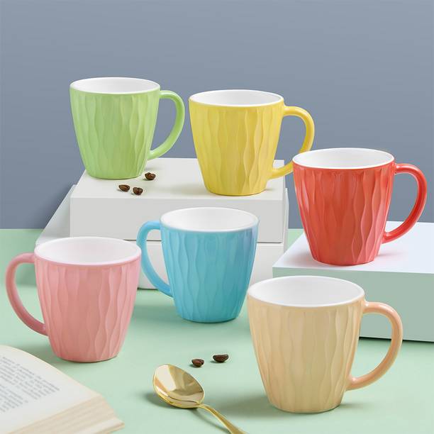 Larah by Borosil 6pc 200ml Tea/Coffee Curl Multicolor Set, Microwave & Dishwasher Safe Opalware Coffee Mug