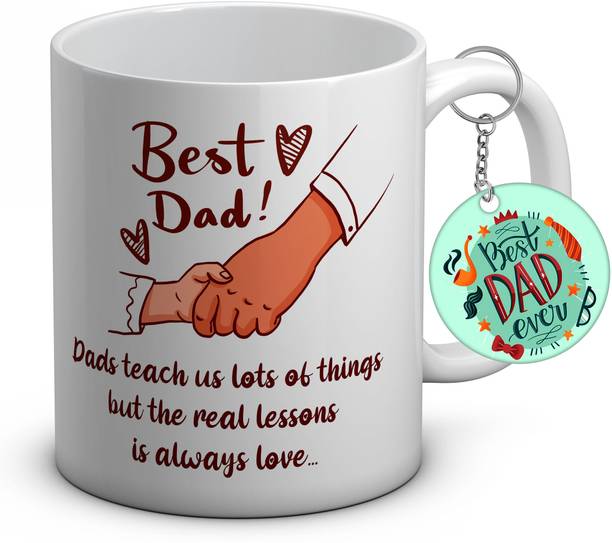 TrendoPrint FD34 Father's Day Gift Hampers White Cup with Keychain Gift for Dad & Parents Ceramic Coffee Mug