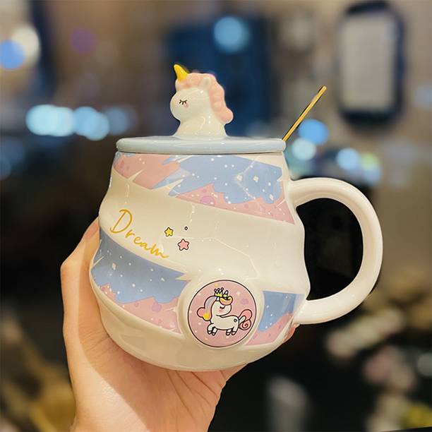 Spooky Unicorn Ceramic with Lid & Spoon | Cute Cartoon Gift for Girls & Women Ceramic Coffee Mug