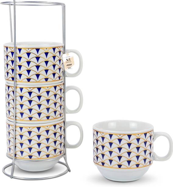 NFI essentials Set of 4 Ceramic Tea Cups with Stand Stackable for Gifting with Holder Ceramic Coffee Mug