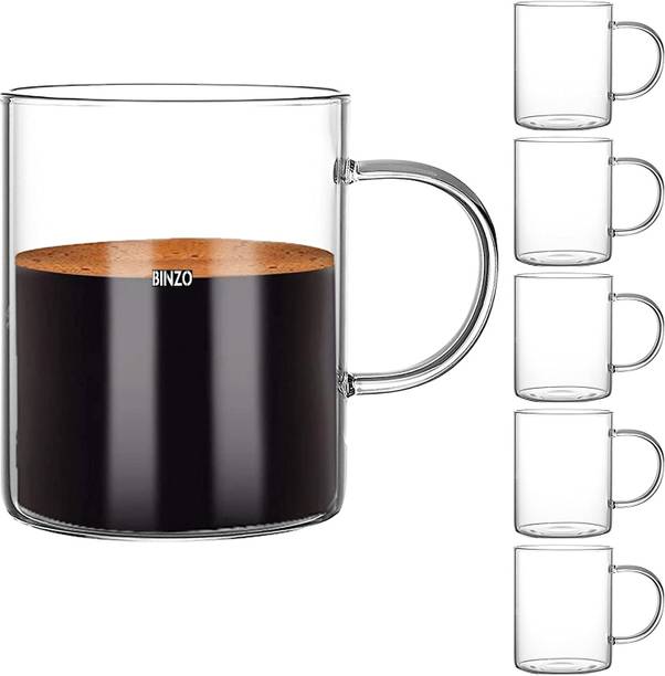 BINZO Tea Cup,Coffee, 450 ml, Set of 6, Light Weight Modern Glasss with Handle Glass Coffee Mug