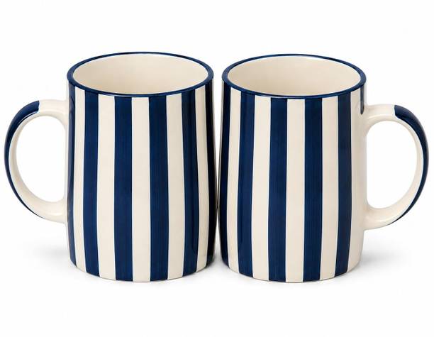 RootNRack Blue & White Vertical Striped Tea Cups |s with Comfortable Handle, Set of 2 Ceramic Coffee Mug