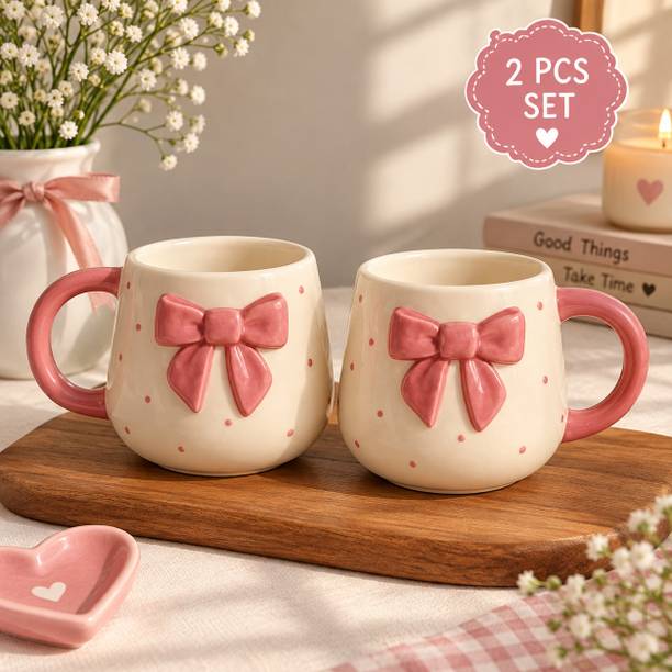 MeroVentures Cute Pink Bow Ceramic for Coffee Tea Milk | 3D Bow Design (Pack of 2) Ceramic Coffee Mug