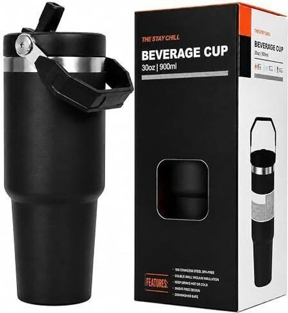 Perry's Black - 900 Ml Handle with Thumbler Stainless Steel, Plastic Tumbler