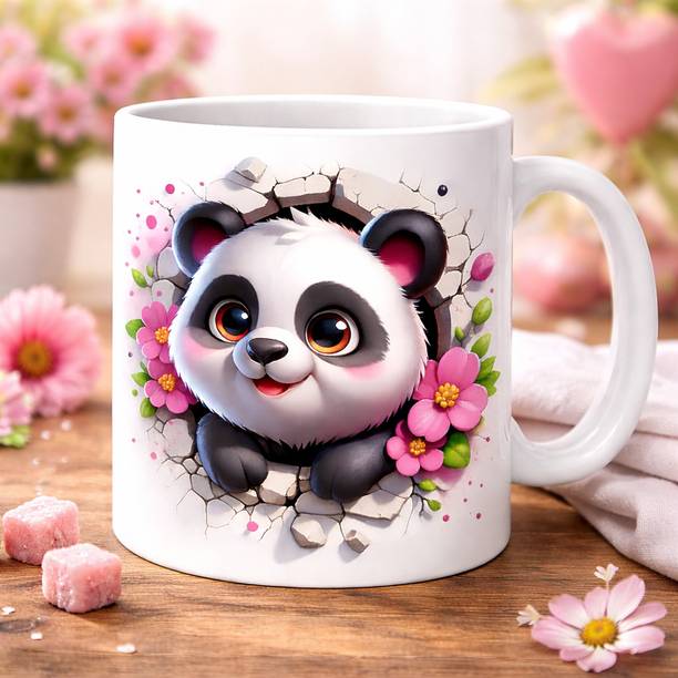 Imaikkaa Nodigal Cute Panda with Floral Design Breaking Through Wall Ceramic Coffee Mug