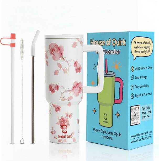 हाउस ओएफ क्विर्क 1200ML Stainless Steel Tumbler Hot and Cold with Handle and Lid 2 Straw स्टेनलेस स्टील मग