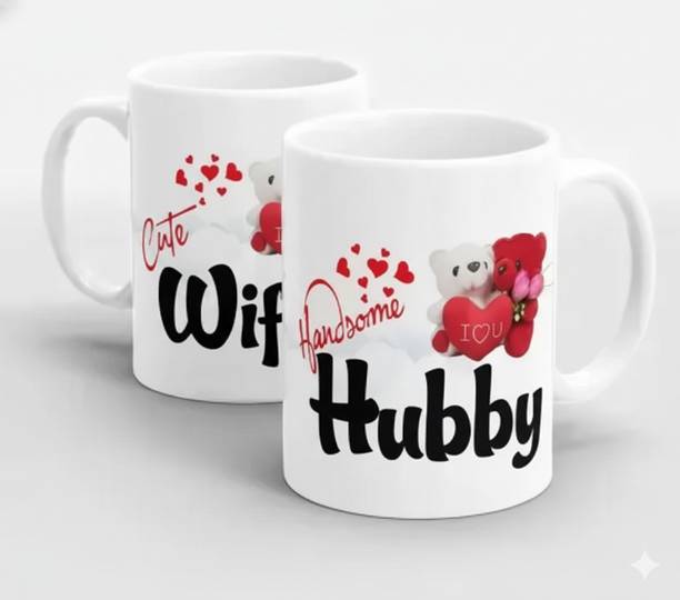 Nova Creations Cute Wifey & Handsome Hubby, Best Valentine's Day Gift for Husband & Wife Ceramic Coffee Mug