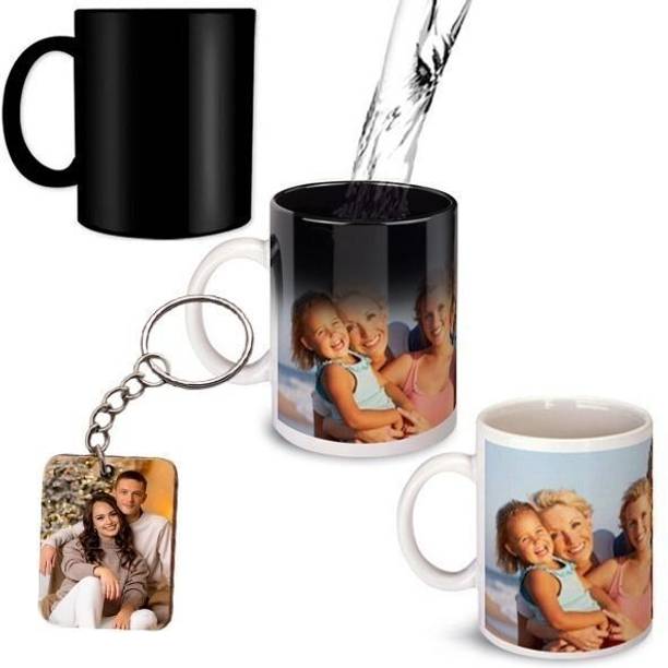 GIVENTA Photo & Text Printed For Birthday... magic mug + Keychain (340 ml, Pack of 2) Ceramic Coffee Mug