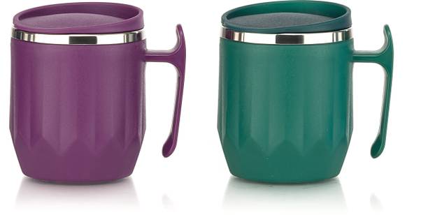 MAGICSPOON Stainless Steel Coffee with Lid (300 ml) (Pack of 2) (Green, Maroon) Stainless Steel Coffee Mug