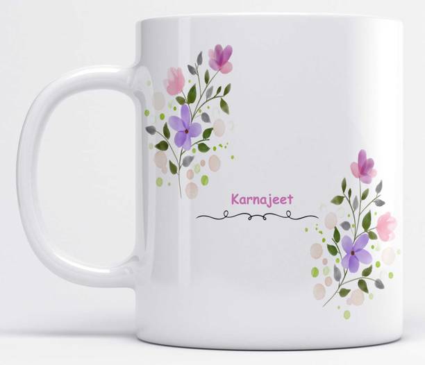 LOROFY Name Karnajeet Printed Beautiful Lilac Floral Design Model S100L White Ceramic Coffee Mug