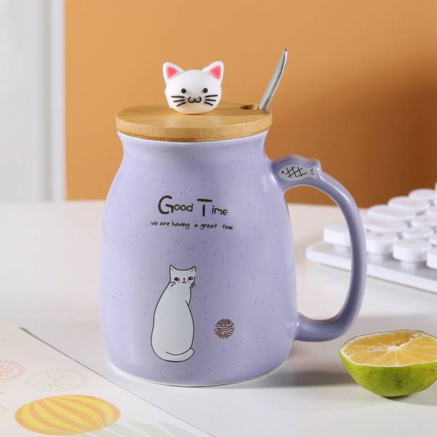 Spooky Ceramic with 3D Cat Design, Lid & Spoon | Cute Gift for Office & Home Use Ceramic Coffee Mug