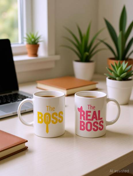 WINGS MART "The Boss The Real Boss" Couple Gift Set for Couple Husband Wife Bhaiya Bhabhi Didi Jiju Anniversary - - 2 (Piece) Ceramic Coffee Mug