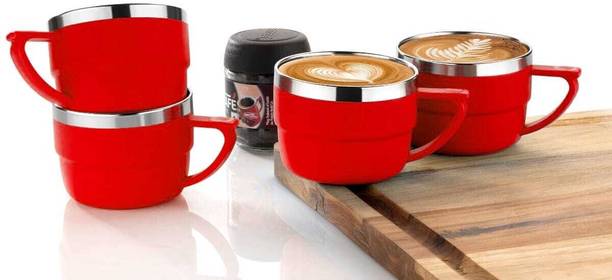 MAGICSPOON Stainless Steel, Plastic Tea Cup Set, Coffee Cup (Red, 200ml, Pack of 4) Stainless Steel Coffee Mug