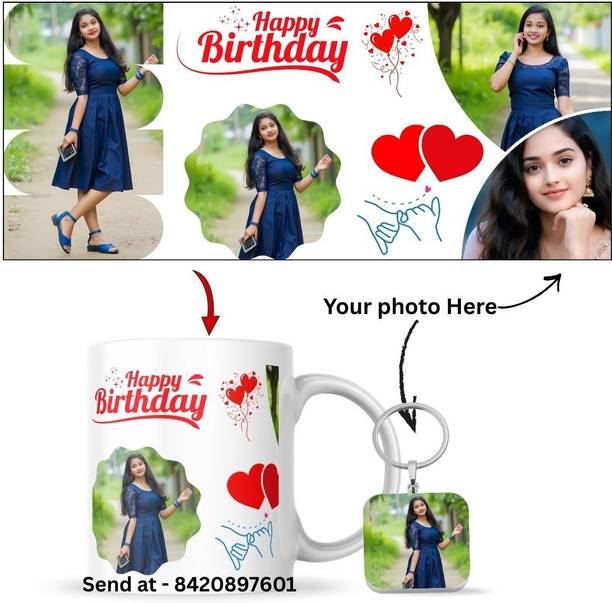 Valenza Gifts Birthday Photo Print Cup with Metal Keychain Ceramic Coffee Mug