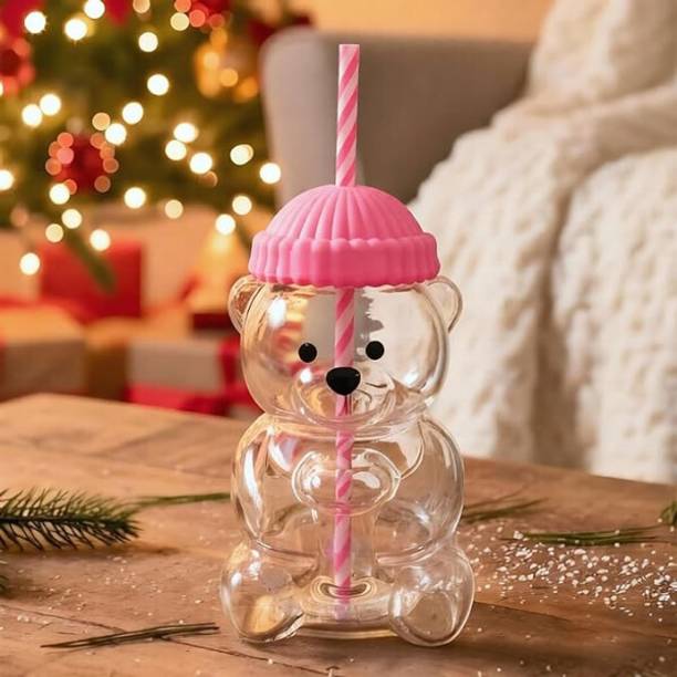 Jasani Creation Teddy Bear Shaped Glass Cup with Straw & Lid for Drinking Glass Beer Mug