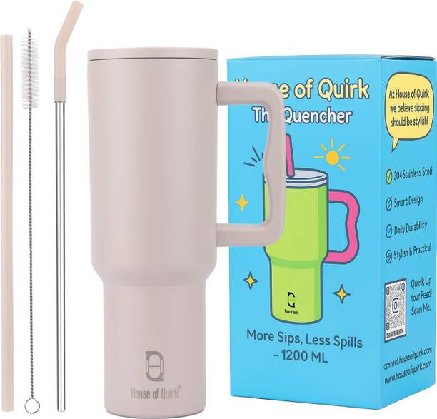 HOUSE OF QUIRK 1200ML Stainless Steel Tumbler Hot and Cold with Handle and Lid 2 Straw Oatmeal Stainless Steel Tumbler