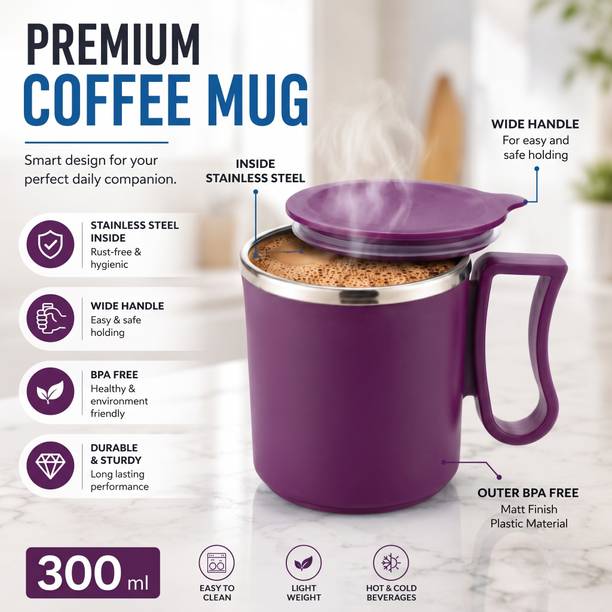 MAGICSPOON Double Wall Stainless Steel Coffee, Tea Cup with Silicon Ring Lid (300 ml) Stainless Steel Coffee Mug