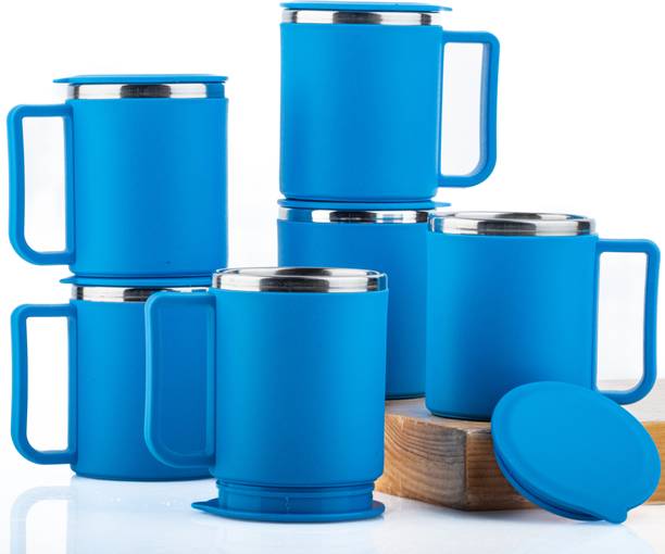 Snowberry Pack of 6 Stainless Steel, Plastic 220ml Tea Cup Set, Stainless Steel Mug, Chai Cup,Steel Cup with Lid