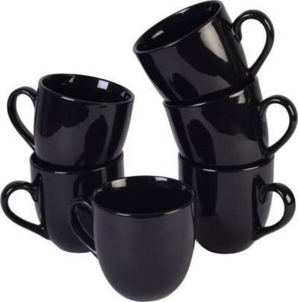 BE UNIQUE Pack of 6 Ceramic black shine abstract tea/coffee cups (Black) Ceramic Coffee Mug