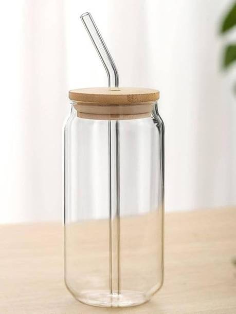 Wallsenterprise Wooden Lid Mojito Tea Glass Can with Straw Glass Coffee Glass Coffee Mug