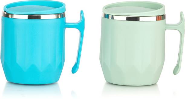 MAGICSPOON Stainless Steel Coffee with Lid (300 ml) (Pack of 2) (Pista, Sky Blue) Stainless Steel Coffee Mug