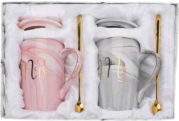 Red-Rubby Mr & Mrs Set of 2 Coffees, Lids, Golden Spoon Ceramic Coffee Mug