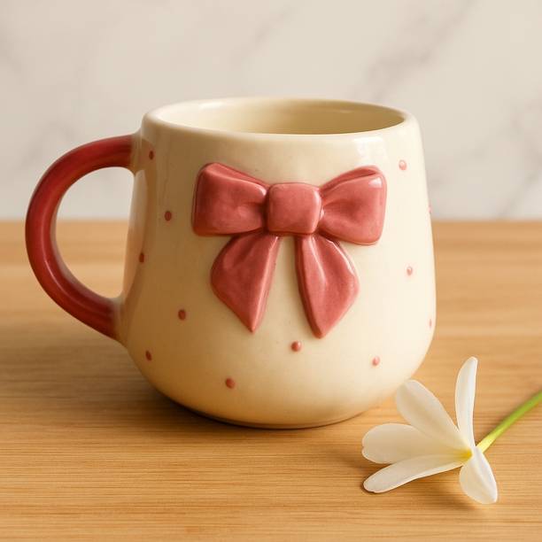 The Indian Home Cute Pink Bow Ceramic for Coffee Tea Milk 3D Bow Design Gift Ceramic Coffee Mug