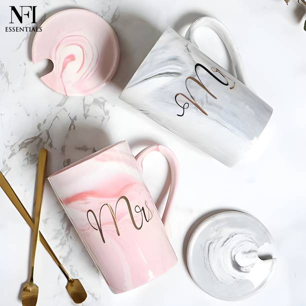 NFI essentials Set of 2 Mr & Mrs Ceramic Marble finish Coffee Set with Lids & Golden Spoons Ceramic Coffee Mug