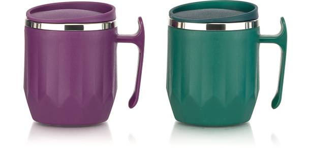 MAGICSPOON New Stainless Steel Coffee with Lid (300 ml) (Pack of 2) (Green, Maroon) Stainless Steel Coffee Mug