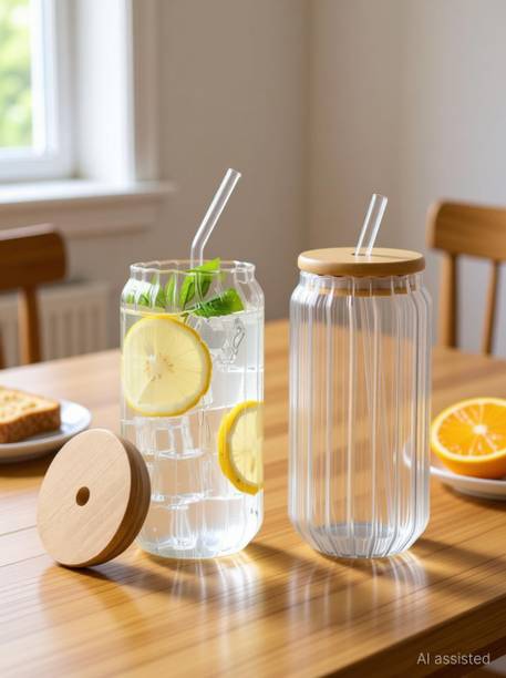 Bien Verrerie Wooden Lid Mojito Glass Sipper Tumbler with Straw Glass Coffee Glass Tumbler