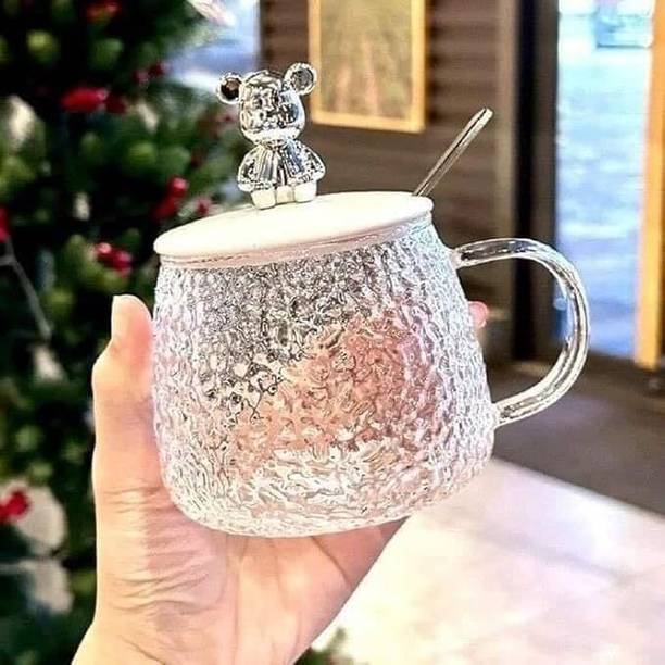 Red-Rubby Teddy Bear Glass with Lid & Stainless Steel Spoon | Milk, tea, Glass Coffee Mug