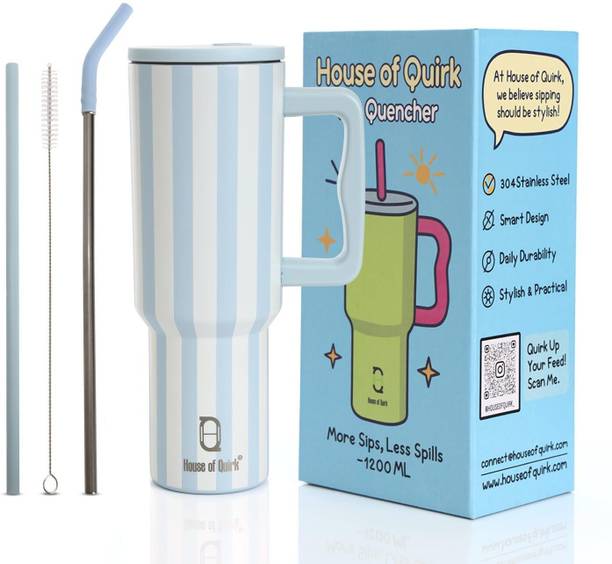 HOUSE OF QUIRK 1200ML Stainless Steel Tumbler Hot and Cold with Handle and Lid 2 Straw-Coastal Stainless Steel Tumbler