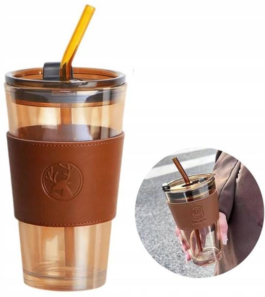 PERIZONE Leather Grip Glass Tumbler with Lid & Straw For Milk,Juice,ThickShake ,Milkshake Glass Coffee Mug